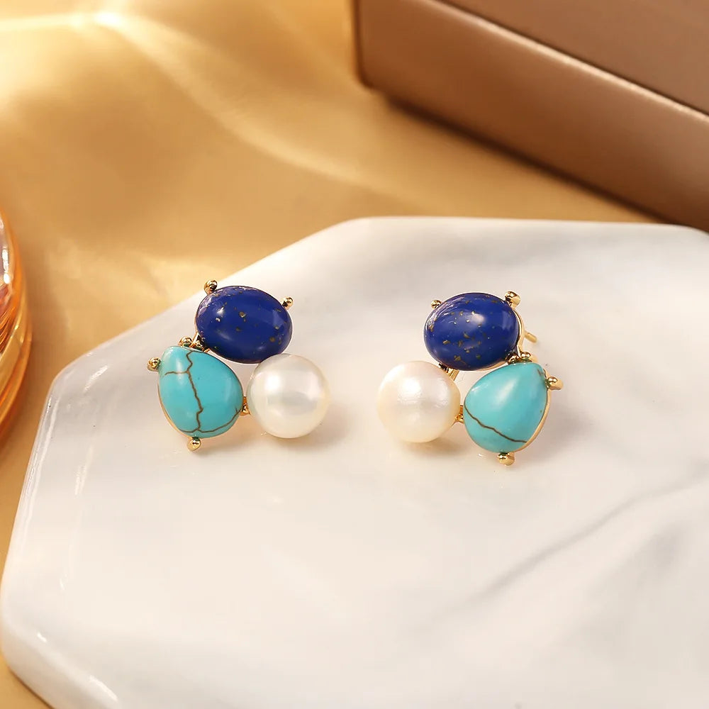 Natural Lapis Lazuli Geometric Pearl French Elegant Temperament High-end Silver Needle Earrings for Women Jewelry. - Charlie Dolly