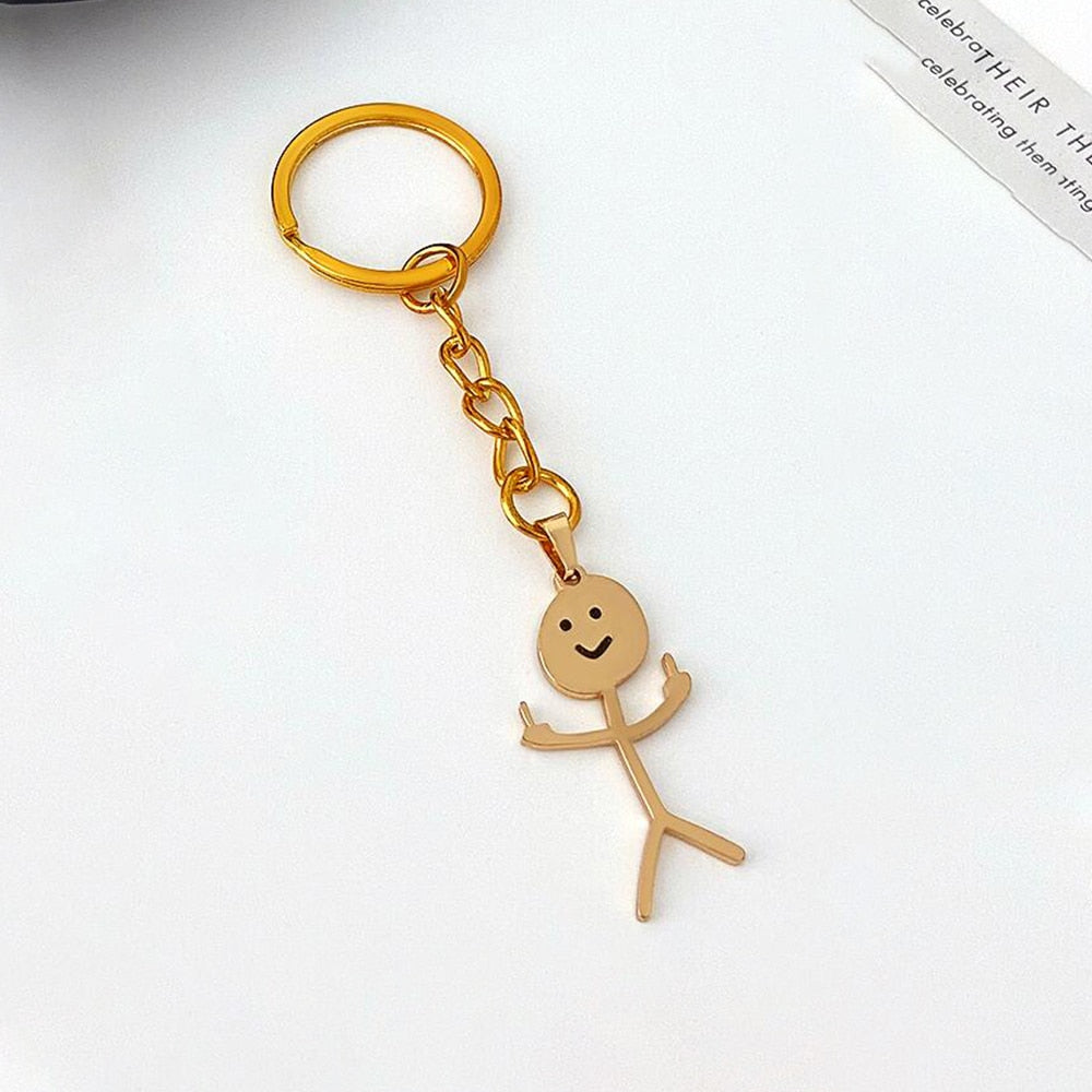 Funny Middle Finger Stickman Keychain Cute Titanium Steel School Bag Car Key Pendant Couple Trinket Gift Keyrings