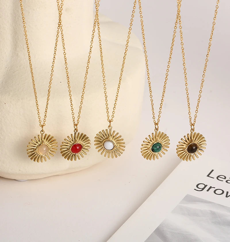 Boho Natural Stone Sun Flower Necklace for Women Bohemian Retro Stainless Steel Necklace Choker Necklaces Fashion Jewelry - Charlie Dolly