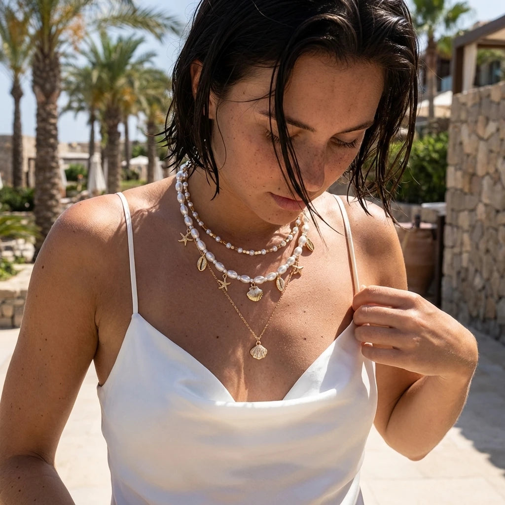 Starfish Shell and Pearl Layered Choker