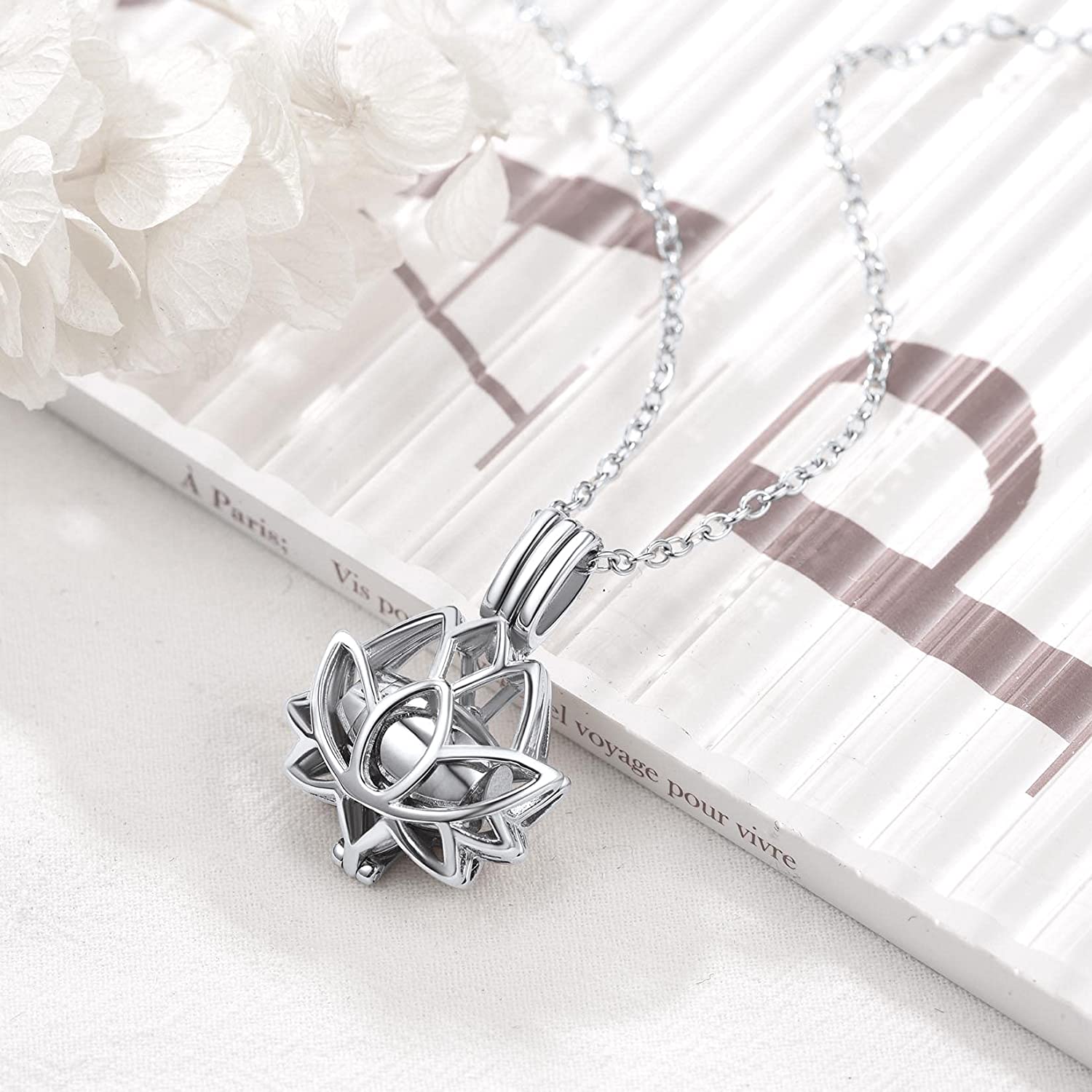 Lotus Flower Cremation Ashes Urn Necklace, Stainless Steel Memorial Keepsake Pendant