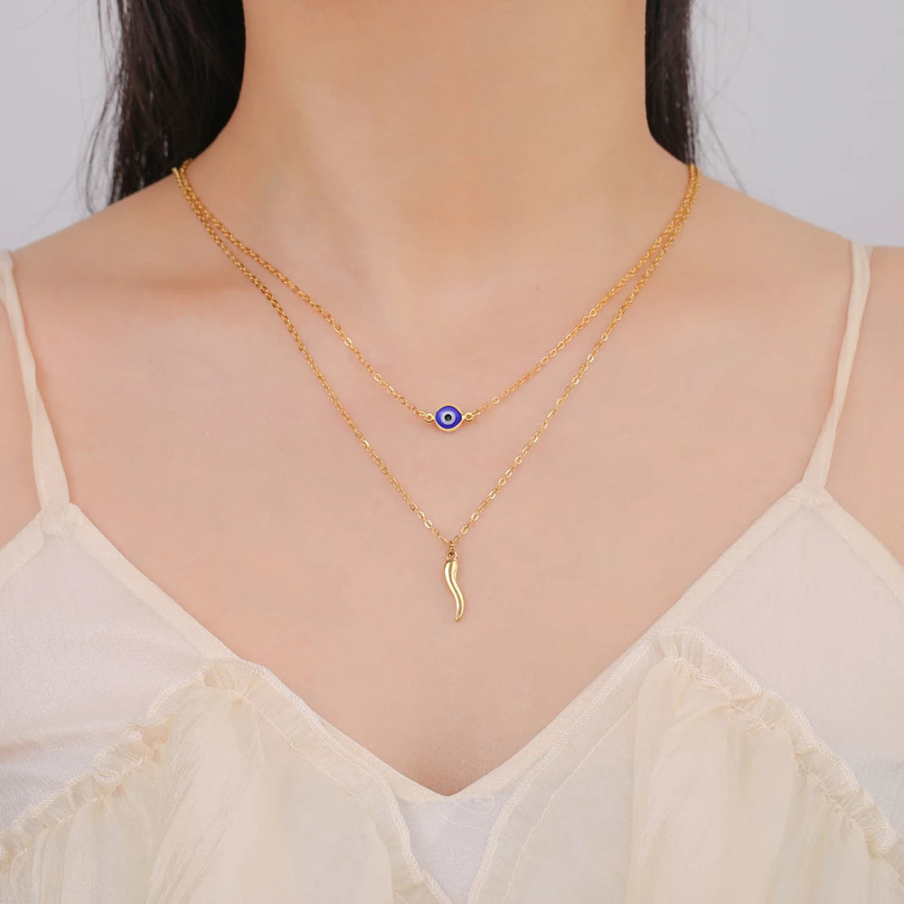 Italian Horn & Evil Eye Double Layer Necklace, Spiritual Protection Amulet