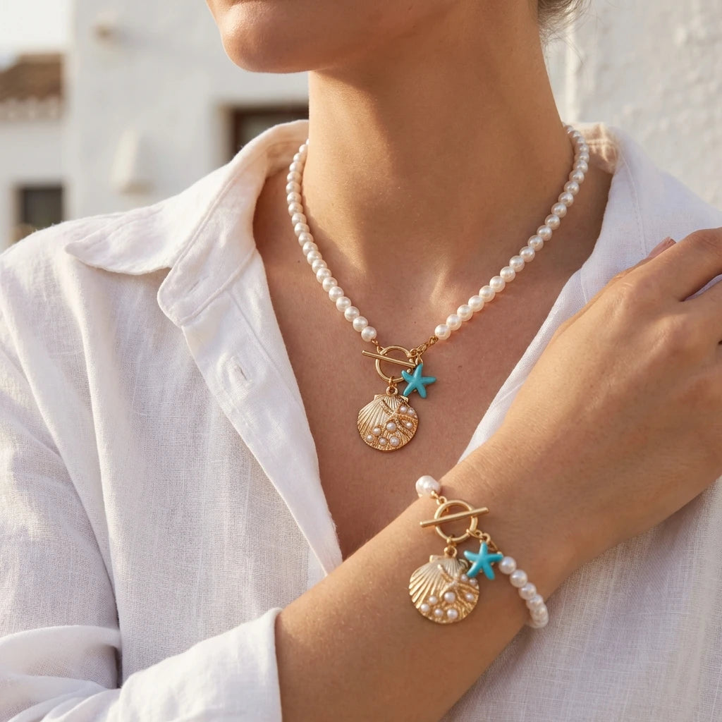Blue Starfish and Scallop Shell Layered Choker Necklace