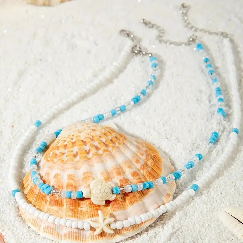 Starfish, Sea Turtle and Conch Beaded Layered Necklace