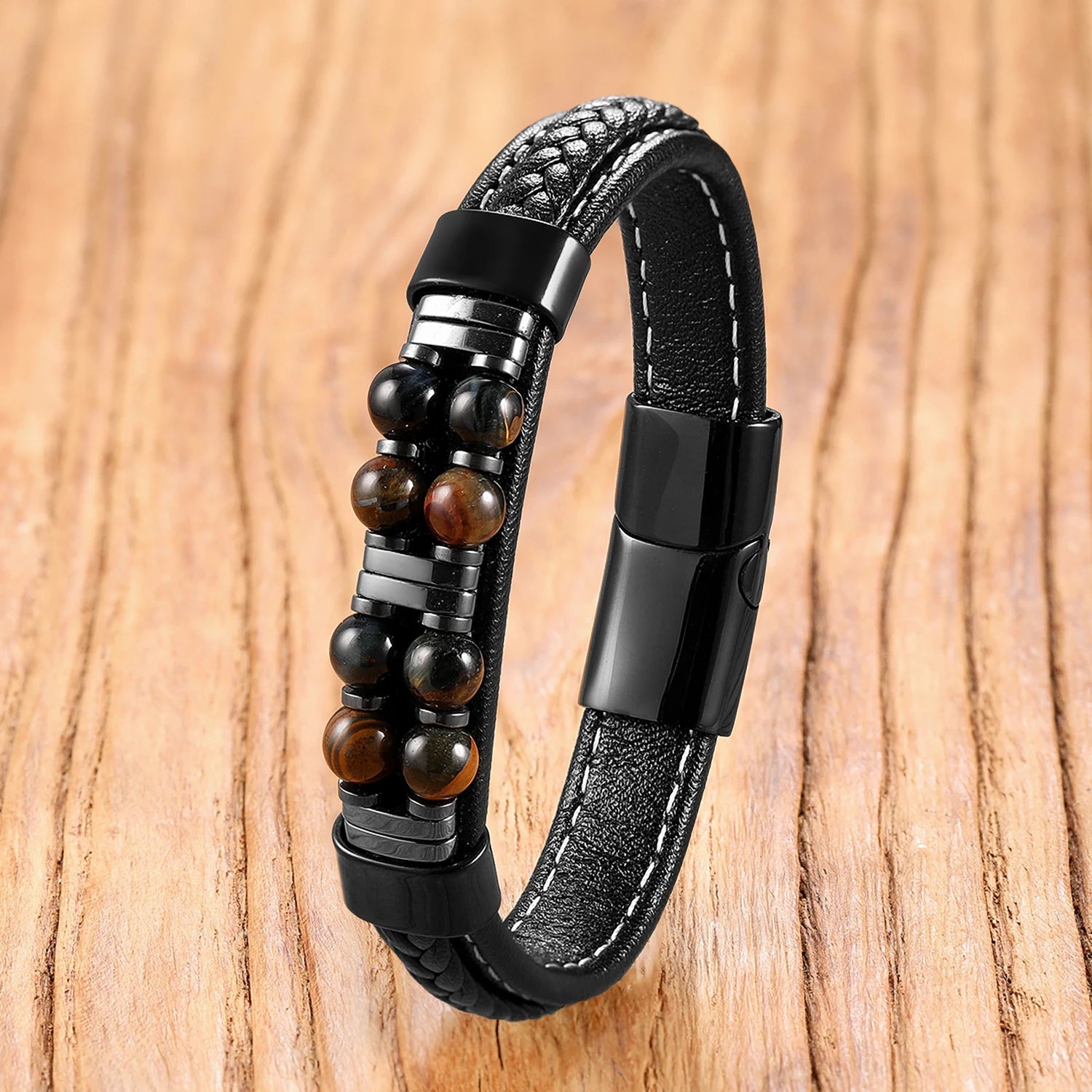 13 Styles Natural Stone Bead Bracelets, Handmade Leather Cord Jewelry with Stainless Steel Clasp, Boho Gift for Women Man - Charlie Dolly