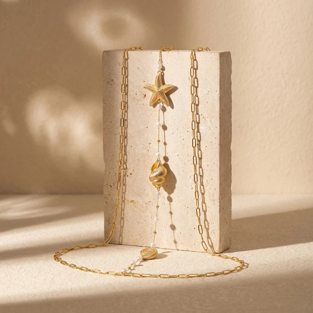 Gold Starfish, Shell and Pearl Backdrop Body Chain