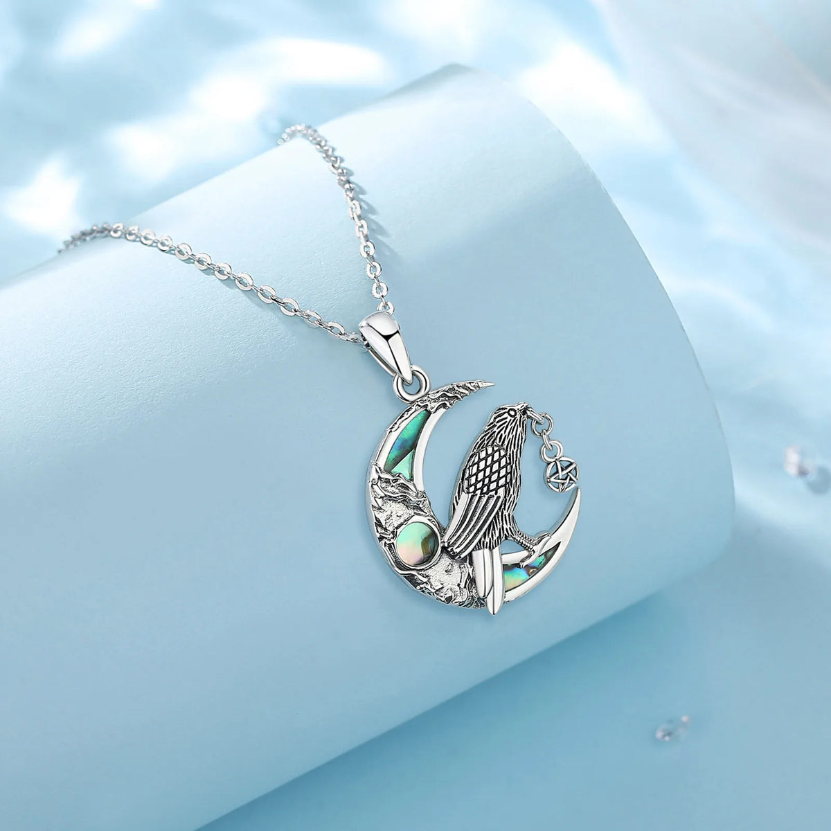 Sterling Silver 925 Viking Raven & Pentagram Moon Necklace, Abalone Shell Amulet