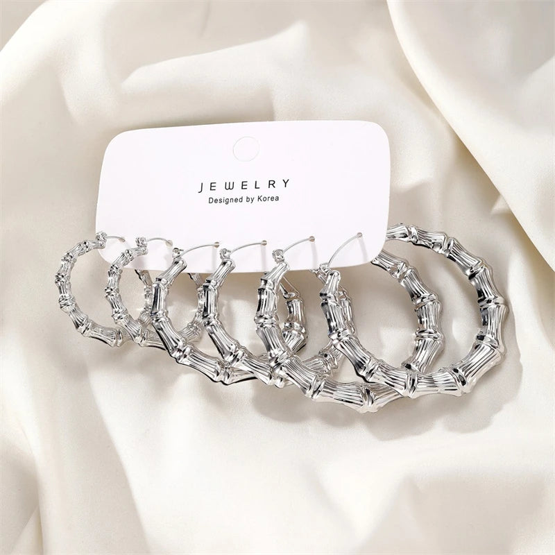 Bamboo Joint Large Circle Hoop Earrings Set Jewelry