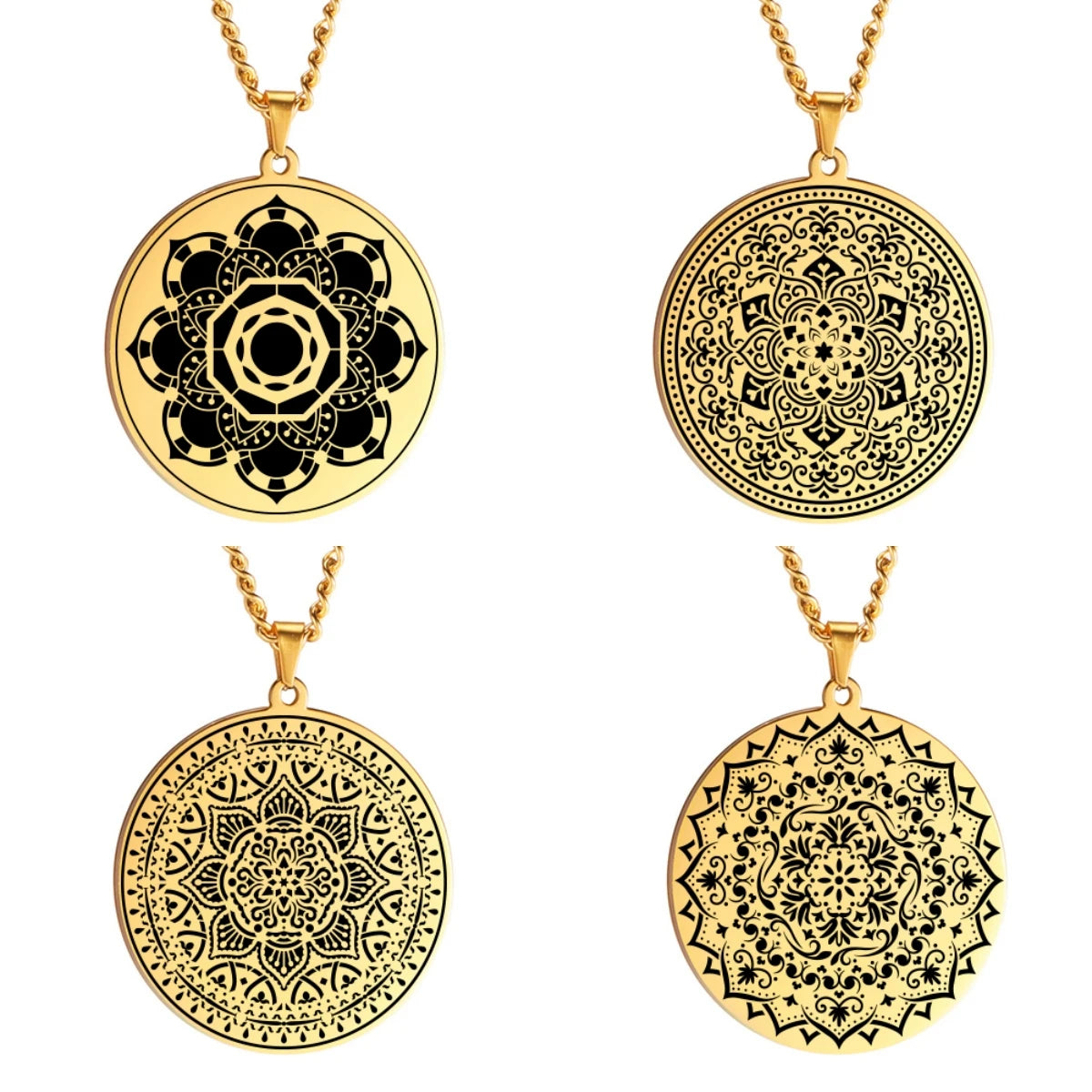 Lotus Chakra Mandala Pendant Necklace, Stainless Steel Buddhist Hindu Meditation Amulet