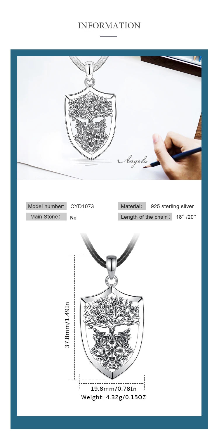 S925 Sterling Silver Viking Yggdrasil Compass Pendant Necklace, Tree of Life Wolf Norse Amulet