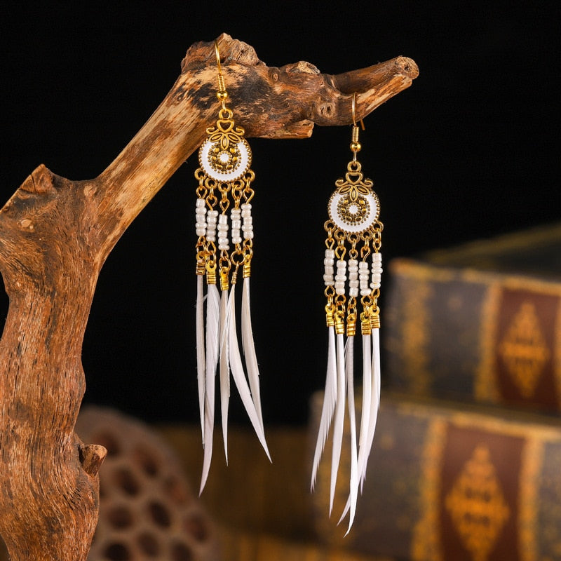 Vintage Bohemian Ethnic Style Earrings Long Rice Bead Tassel Earrings FOR WOMEN Alloy Dripping Oil Long Tassel Earrings - Charlie Dolly