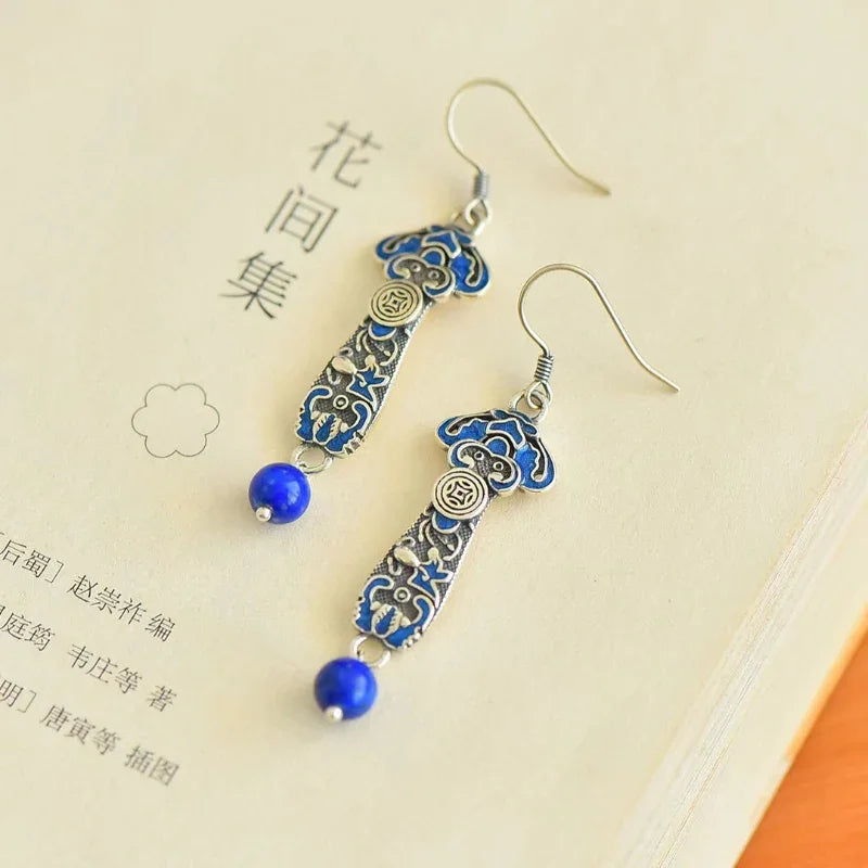 National Style Red Agate Earings 925 Silver Blue Retro Ruyi Lapis Lazuli Earrings for Women Exquisite Banquet Jewelry - Charlie Dolly