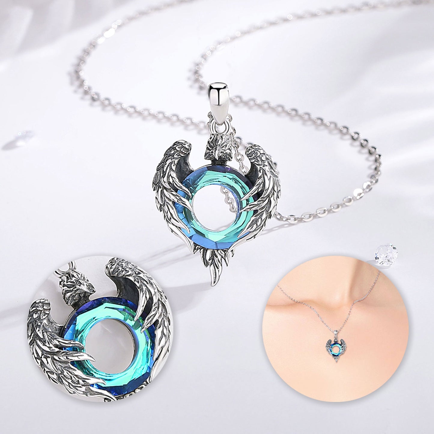 Eudora Real 925 Sterling Silver Eagle Necklace Luxury Austrian Crystal Amulet Pendant Men Women Exquisite Jewelry Party Gift