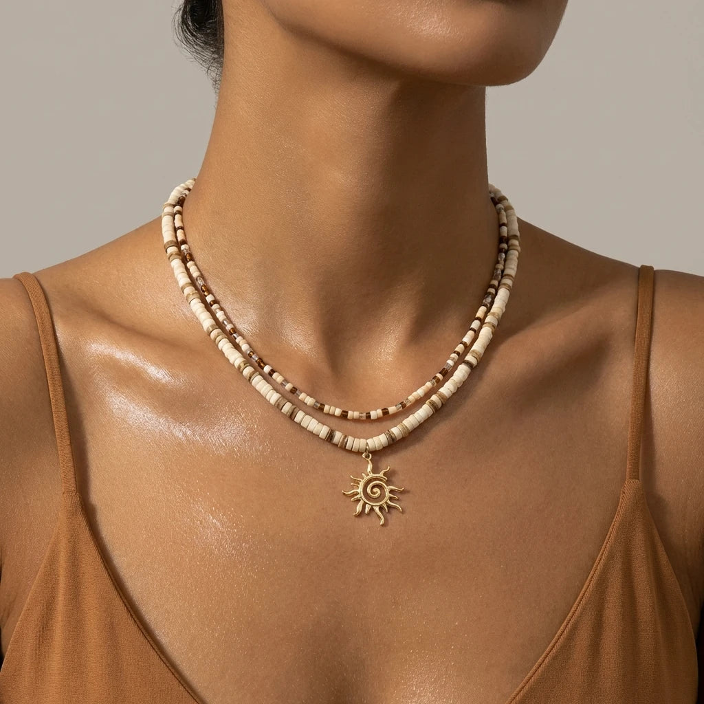 Sun Pendant Heishi Wood Bead Choker Necklace Jewelry