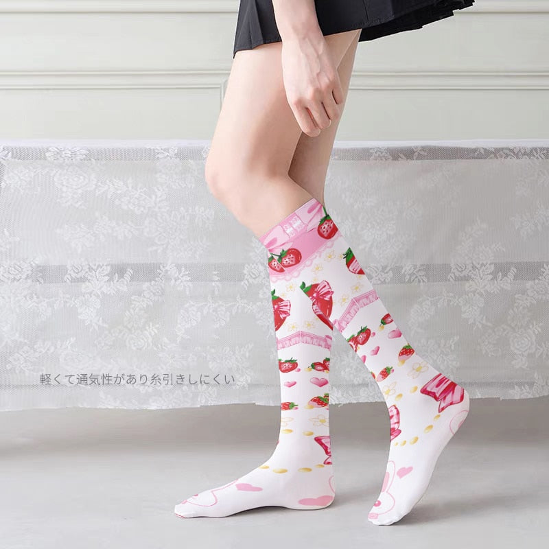 Women Sexy Thigh High Stockings Autumn 3D Printing Red Strawberry Pink Sweet Kawaii Over Knee Stocking Cosplay Quadratic Element