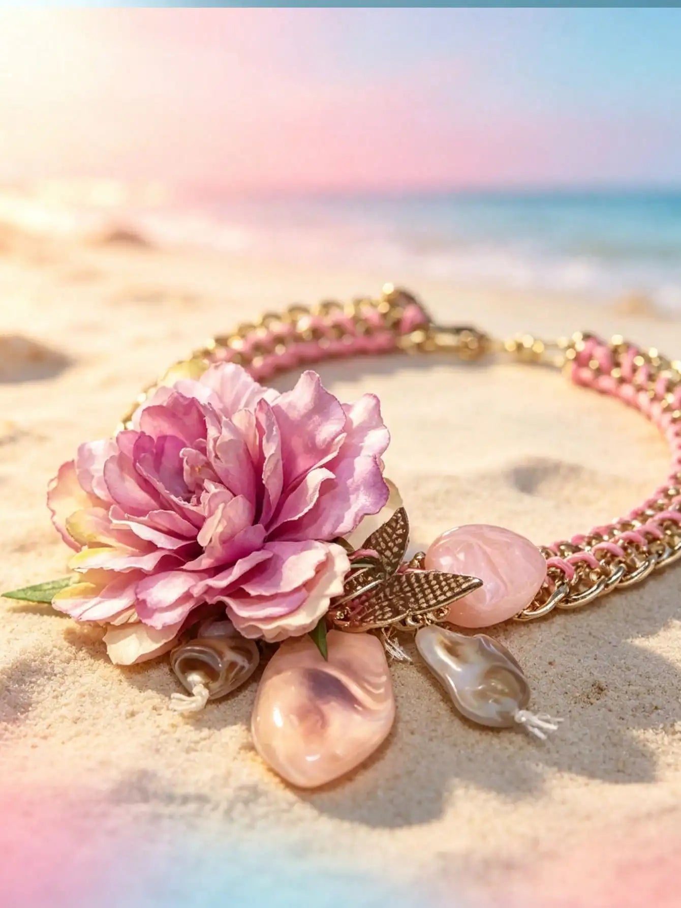 Pink Floral Shell Choker and Earring Set