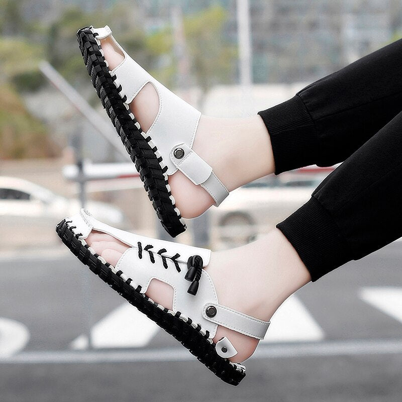 All-match Summer Leather Beach Shoes Comfy Leather Mens Sandals Non-slip Beach Sandals Breathable Soft Flats Male Slippers