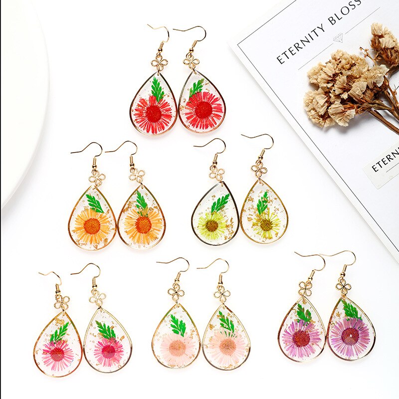 Creative Real Flower Earring Unique Round Dried Flower Drop Earrings Real Floral Sweet Earring For Women Gifts Summer Jewelry