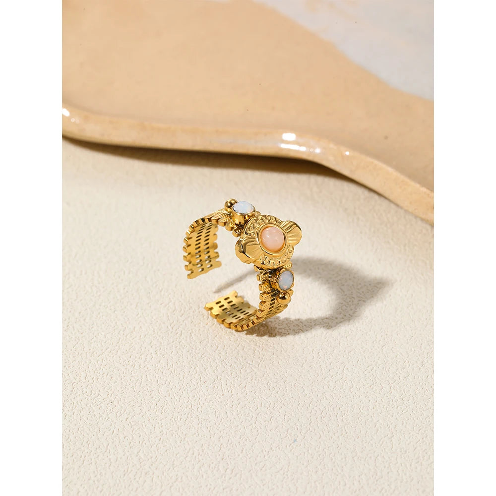 YACHAN Boho Vintage Stainless Steel Rings for Women Pink Natural Stone Lazurite 18K Gold Plated Aesthetic Trend Jewelry - Charlie Dolly