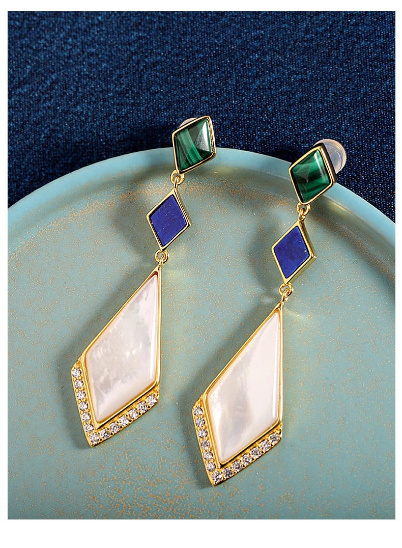 GEEZENCA Malachite Lapis Lazuli Shell 925 Silver Dangle Earrings For Women Unusual Geometric Natural Stone Drop Earring Gift - Charlie Dolly