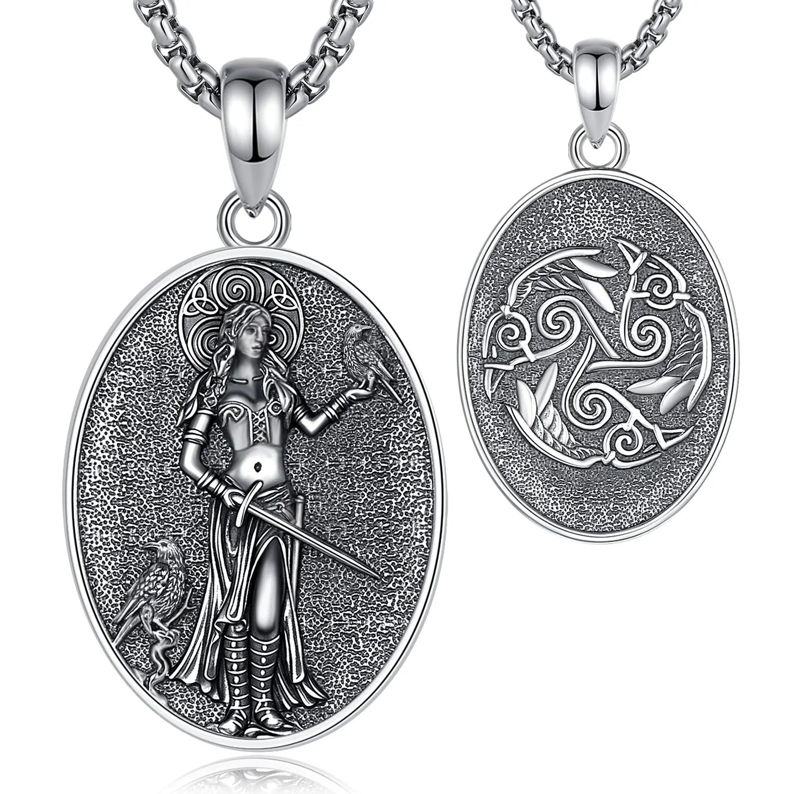 S925 Sterling Silver Morrigan Goddess Pendant Necklace, Viking Raven & Triple Spiral Pagan Amulet