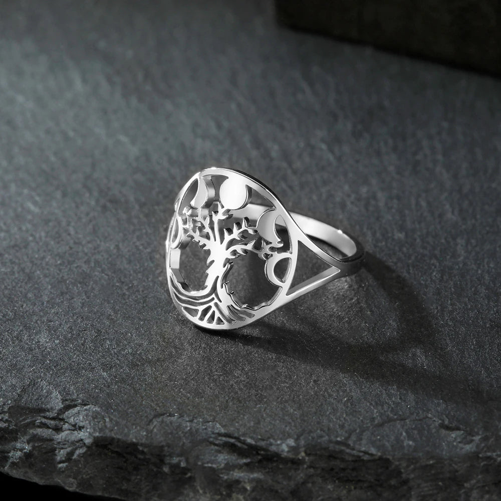 Moon Phase Tree of Life Ring, Stainless Steel
