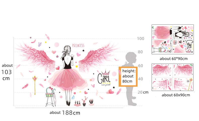 Creative Pink Feathers Wings Wall Stickers DIY Cartoon Girl Wall Decals for Kids Rooms Kindergarten Nursery Home Decoration