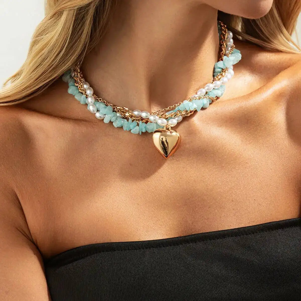 KunJoe Boho Style Natural Stone Imitation Pearl Chokers Necklace Women Vintage Love Heart Pendant Necklace Bride Wedding Jewelry - Charlie Dolly