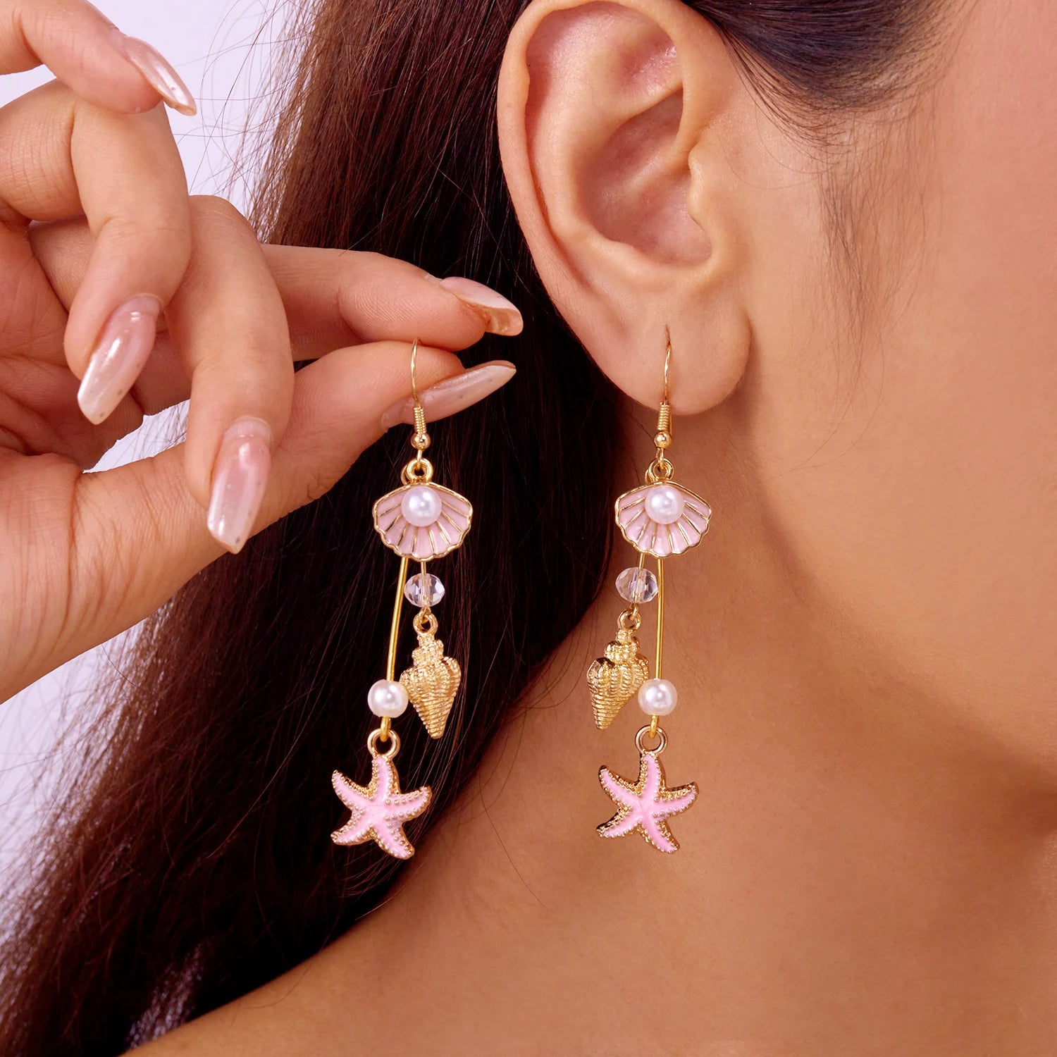 Ocean Style Shell, Starfish and Conch Enamel Drop Earrings