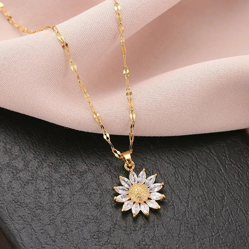 Gold Flower Zirconia Pendant Necklace, Titanium Steel Luxury Chain