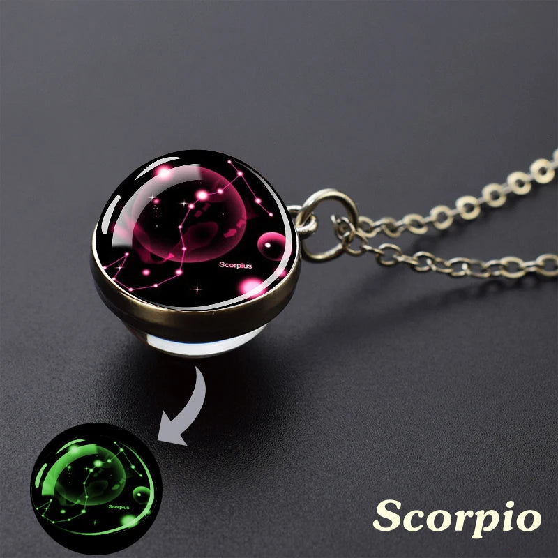 Zodiac Constellation Glow-in-the-Dark Pendant Necklace, Luminous Astrology Talisman
