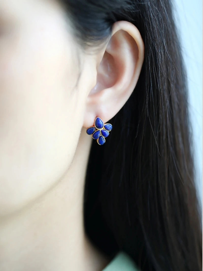 GEEZENCA 925 Silver Lapis Lazuli Turquoise Leaf Stud Earrings Women Gold Plated Trendy Dainty Lightweight Statement Earring Gift - Charlie Dolly