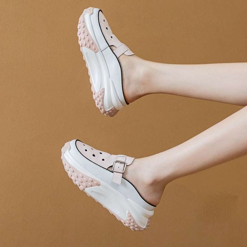 Fujin 6cm Cow Genuine Leather Platform Wedge Casual Chunky Sneaker Women Summer Hollow Female Women Mules Shoes Sandals Slippers