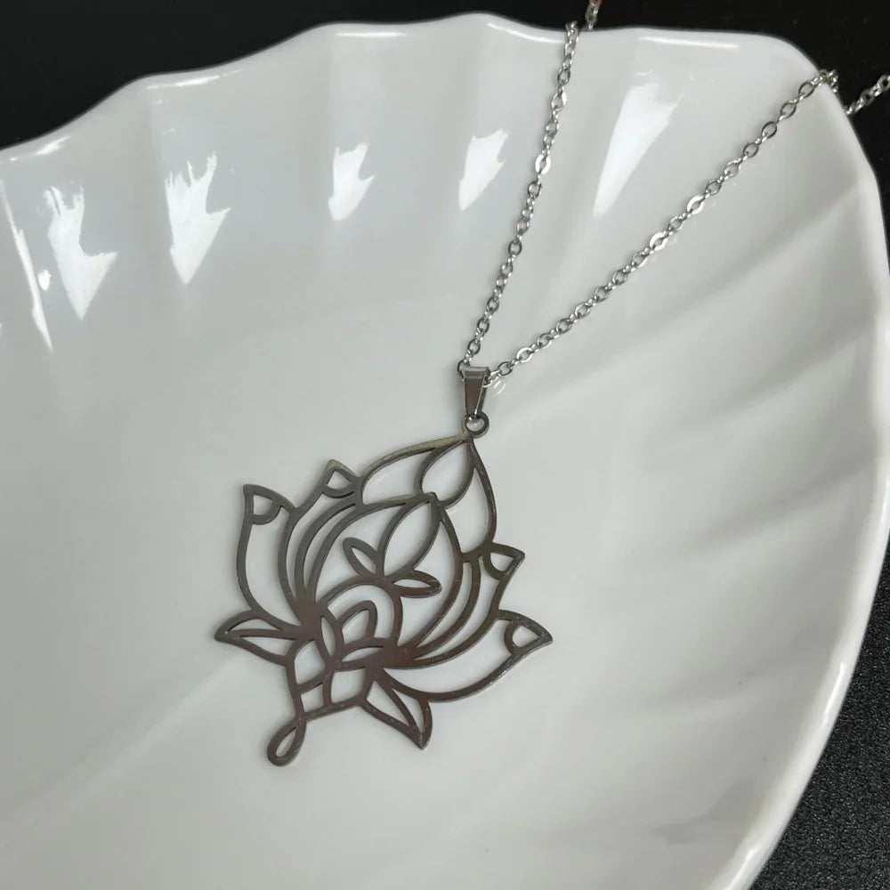 Unalome Lotus Pendant, Stainless Steel Yoga Sacred Path Necklace