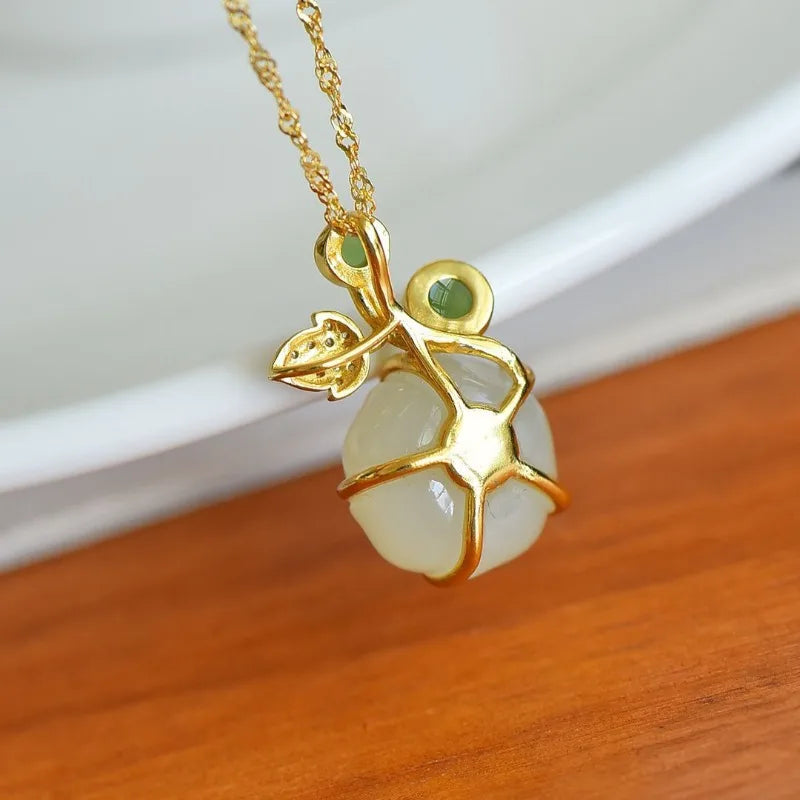 White Hotan Jade Lotus Flower Pendant Necklace, Classic Boho Sacred Talisman