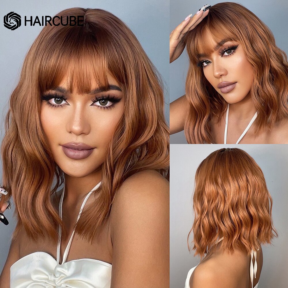 Medium Length Water Wave Synthetic Wigs Cute Pink Wigs With Bangs for Women Cosplay Natural Heat Resistant Bob Lolita Hair