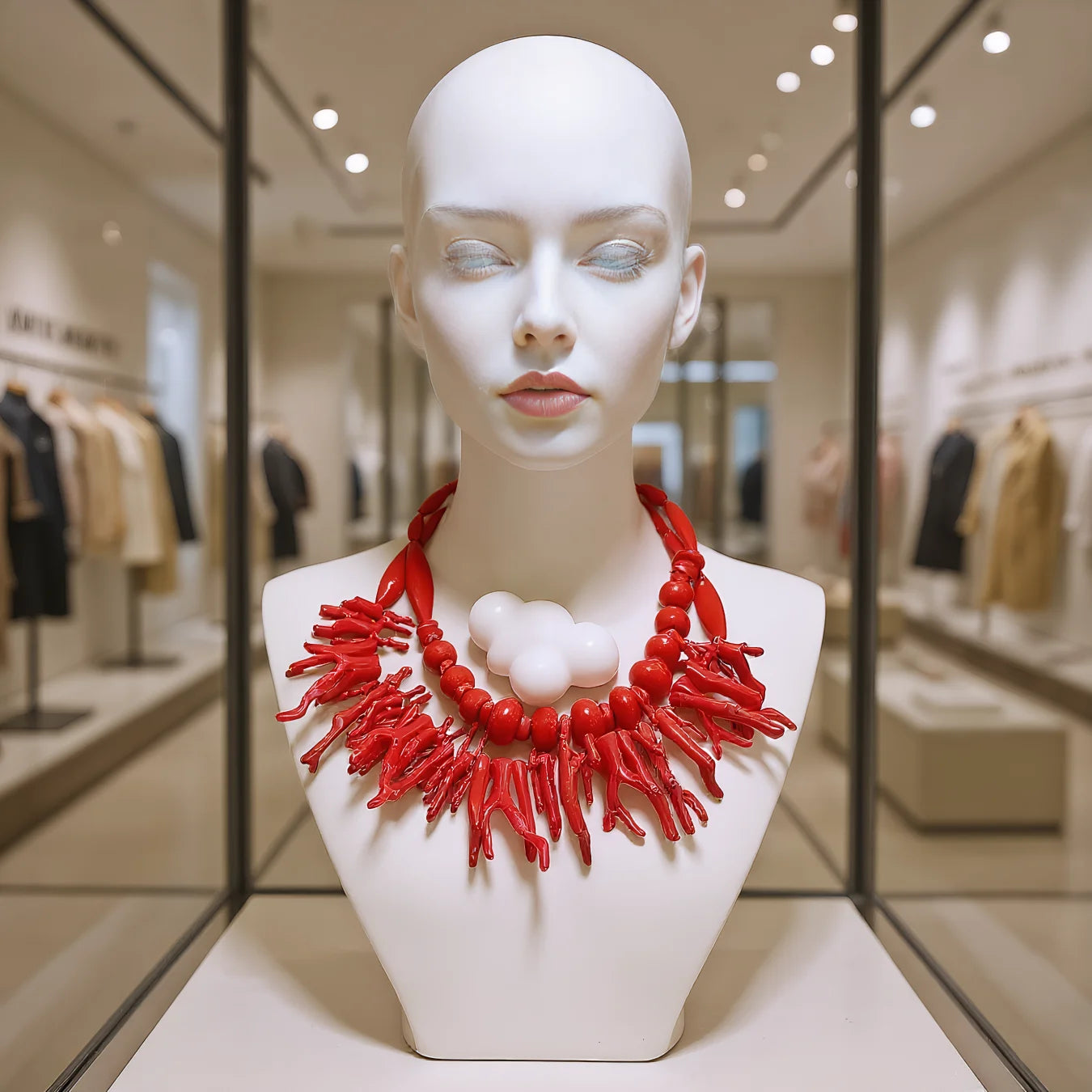 Red Resin Coral Double Layer Necklace Jewelry