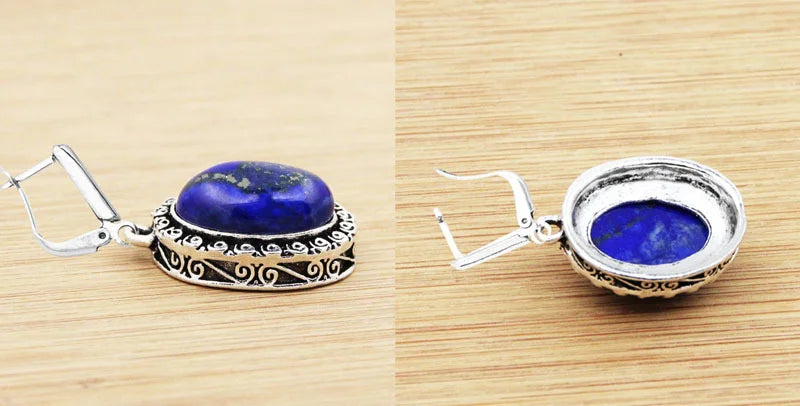 Natural Lapis Lazuli Earrings Snail Flower Pendant For Women Vintage Antique Silver Plated Fashion Jewelry Anniversary Gift - Charlie Dolly