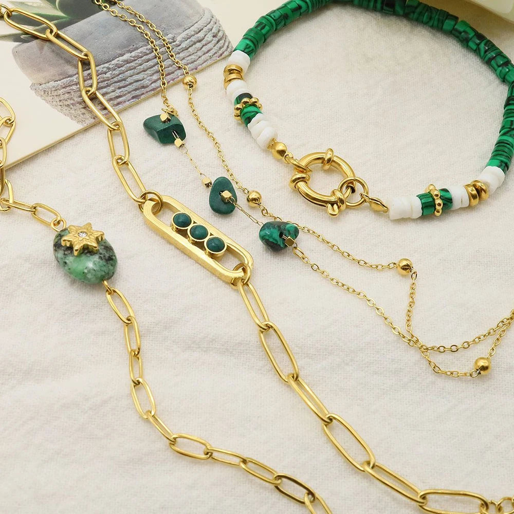 WILD & FREE Boho Vintage Green Natural Stone Bracelets for Women Stainless Steel Trendy Charms Aesthetic Jewelry Set - Charlie Dolly