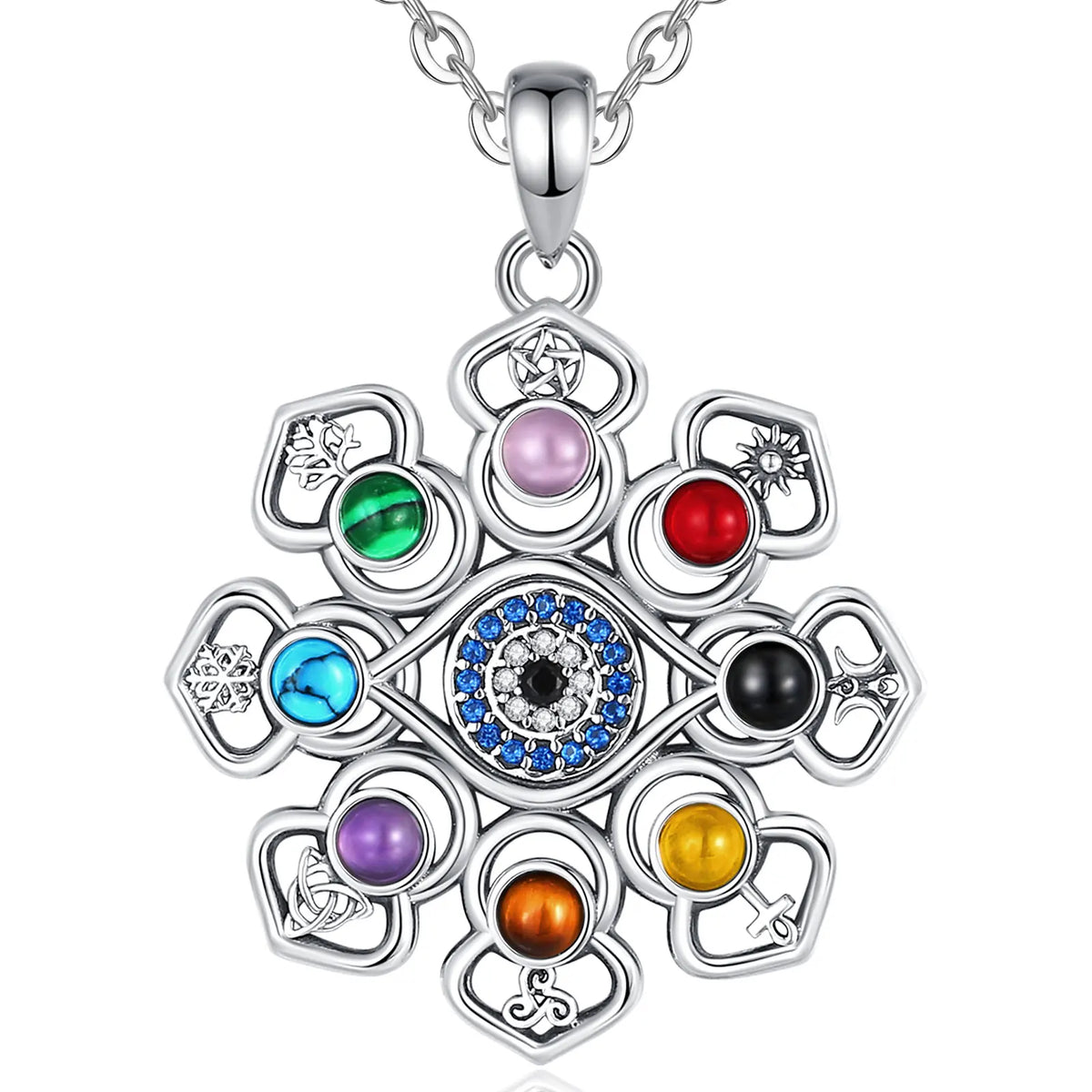 S925 Silver Lotus, Evil Eye & Pentagram Pendant, Sacred Protection Amulet