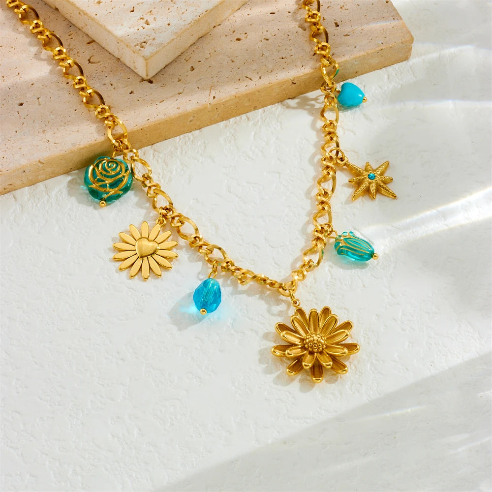 Gold Lotus Flower & Butterfly Pendant Necklace, Stainless Steel Boho Transformation Talisman