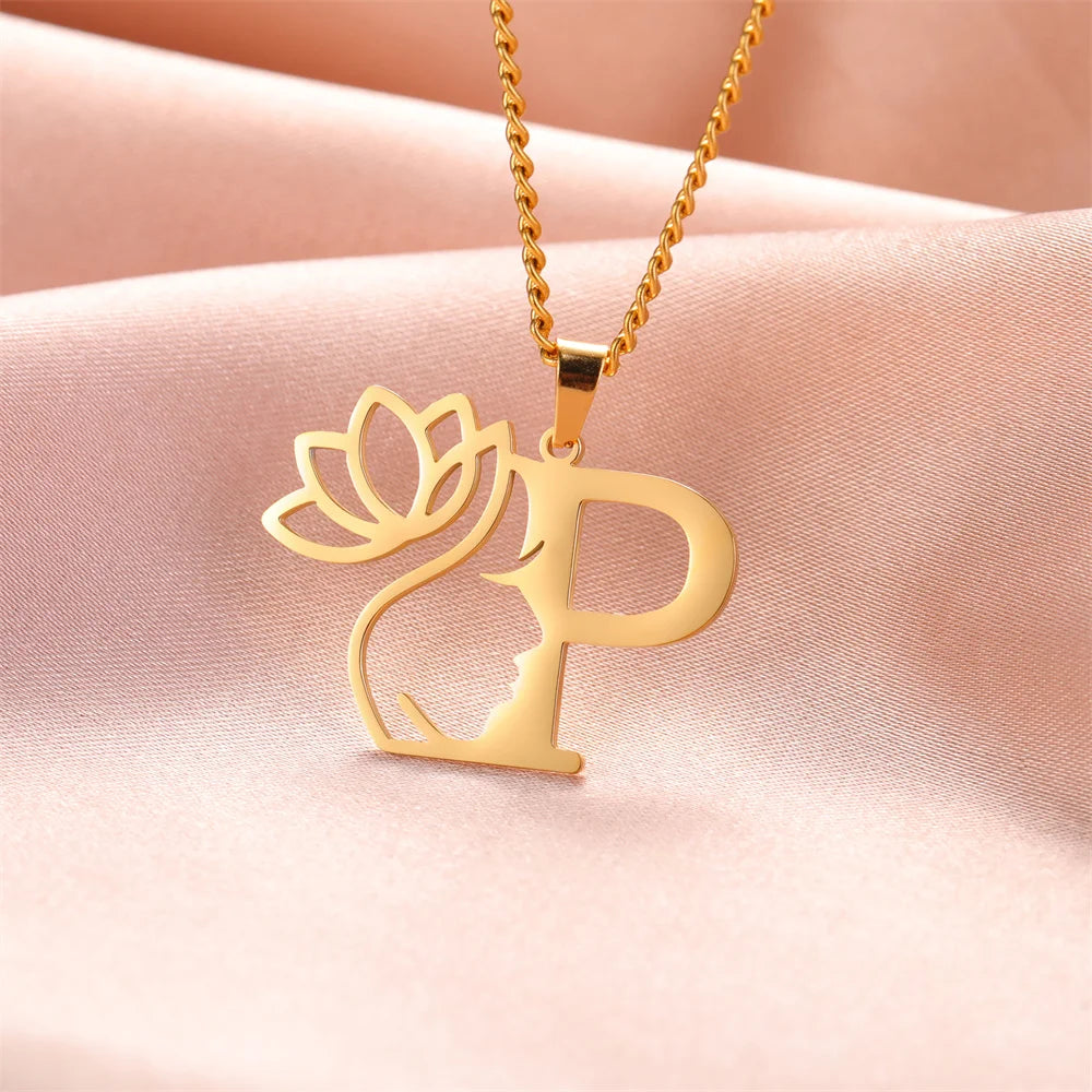 Lotus Flower Initial Letter Pendant, Personalized Stainless Steel Necklace