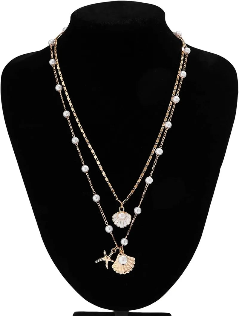 Gold Seashell and Starfish Layered Pendant Necklace