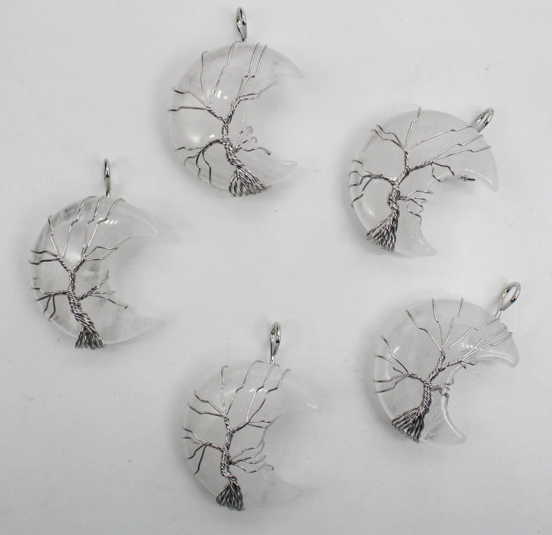 7 Chakras Tree of Life Necklace Wire Wrap Crescent Moons Amethyst Crystal Pendants Quartz Natural Stone Agates Aventurine Make