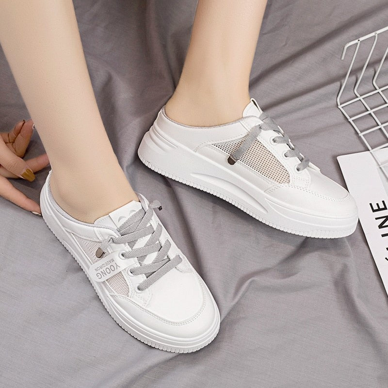 Women Shoes Canvas Tennis Casual Half Slippers Flats Female White Mules Low Top Sneakers Mesh Breathable Lazy Loafers