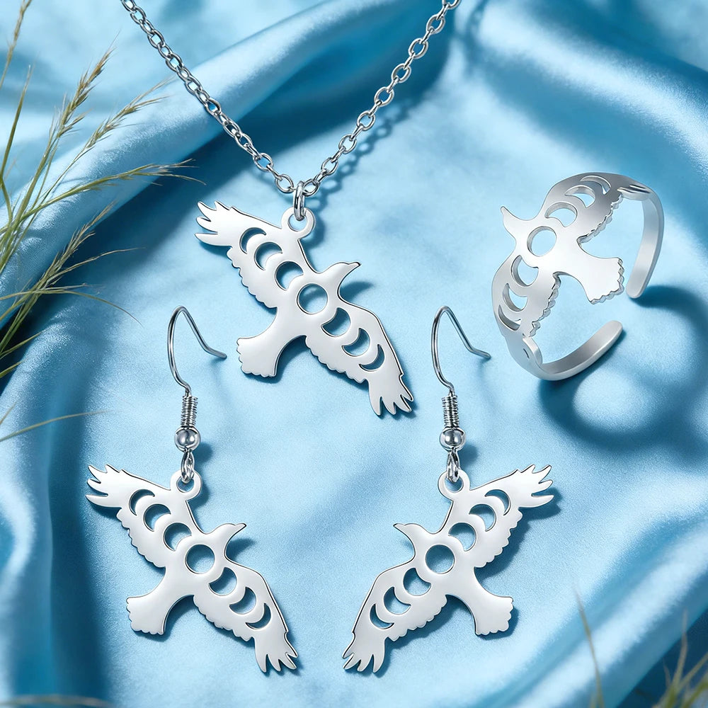 Raven & Moon Phase Jewelry Set, Necklace Earrings Ring Witchy Trio