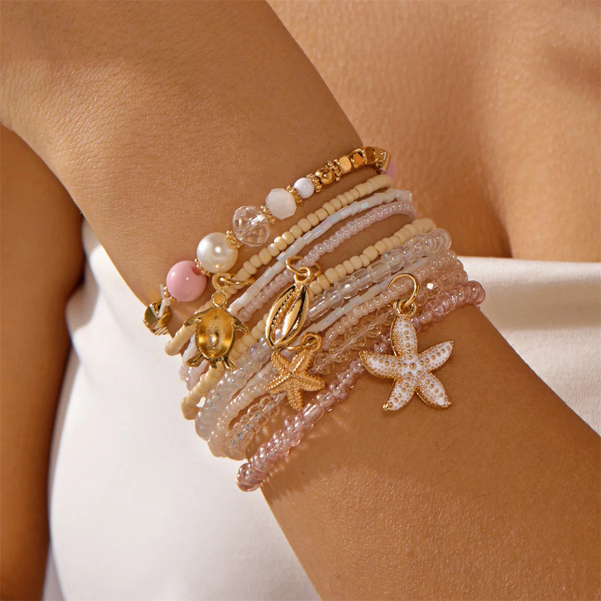 Sea Turtle and Starfish Layered Boho Bracelet Set