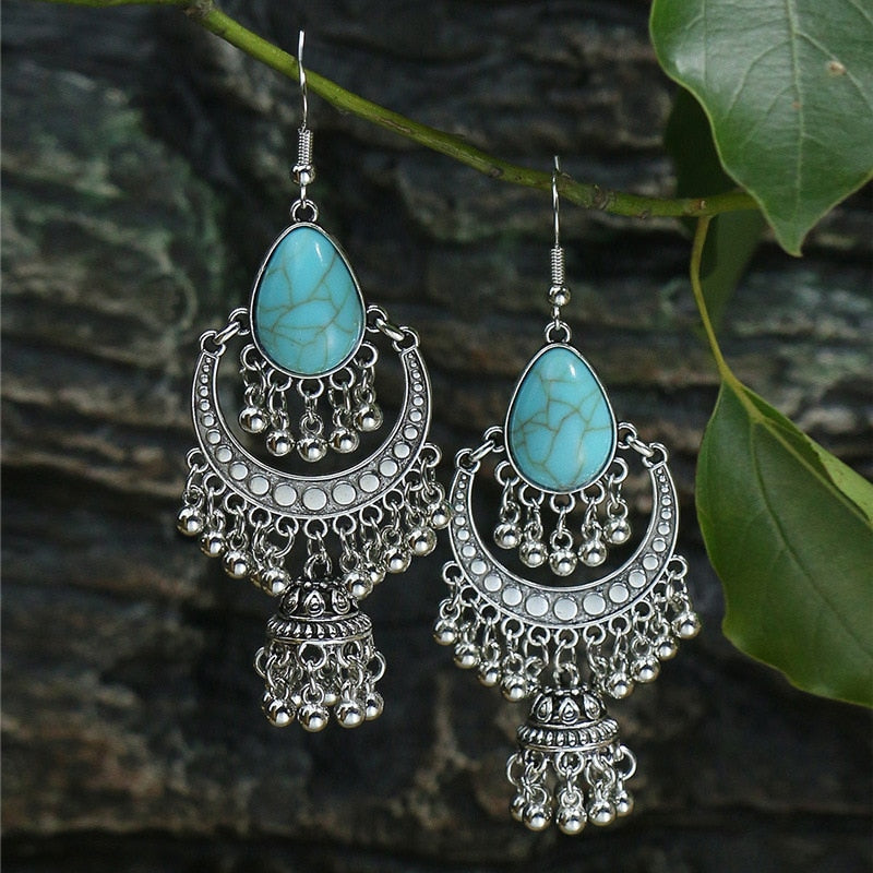 53 Styles Bohemian Vintage Tibetan Silver Geometric Drop Earrings For Women Ethnic Blue Stone Tassel Dangle Earrings Jewelry