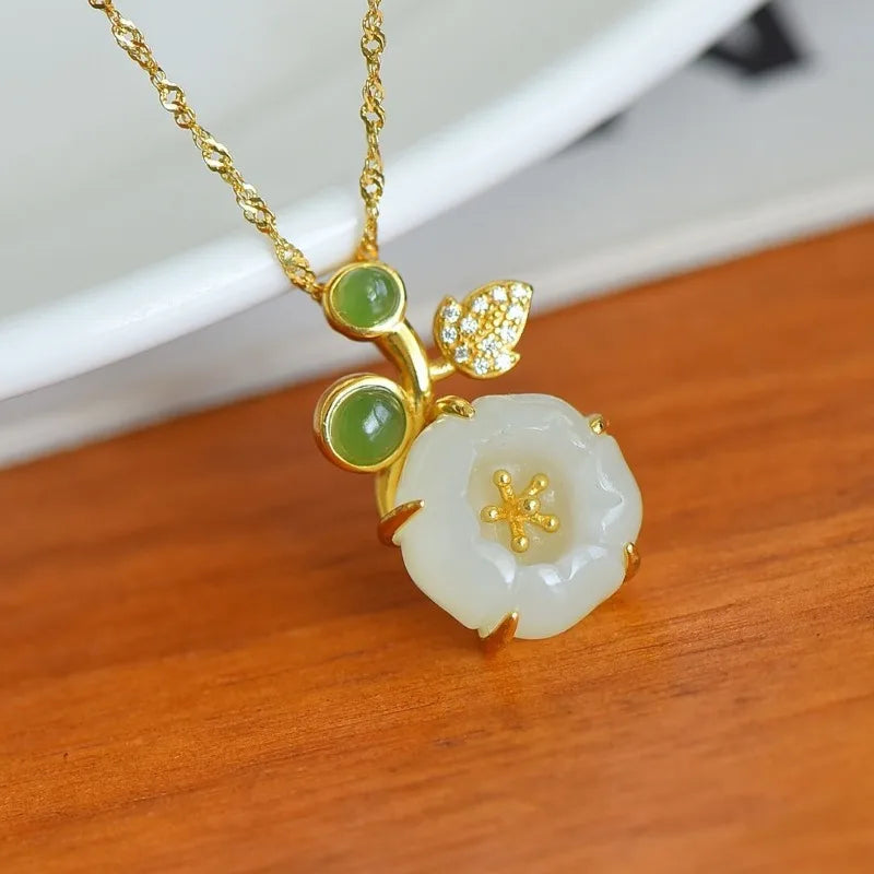 White Hotan Jade Lotus Flower Pendant Necklace, Classic Boho Sacred Talisman
