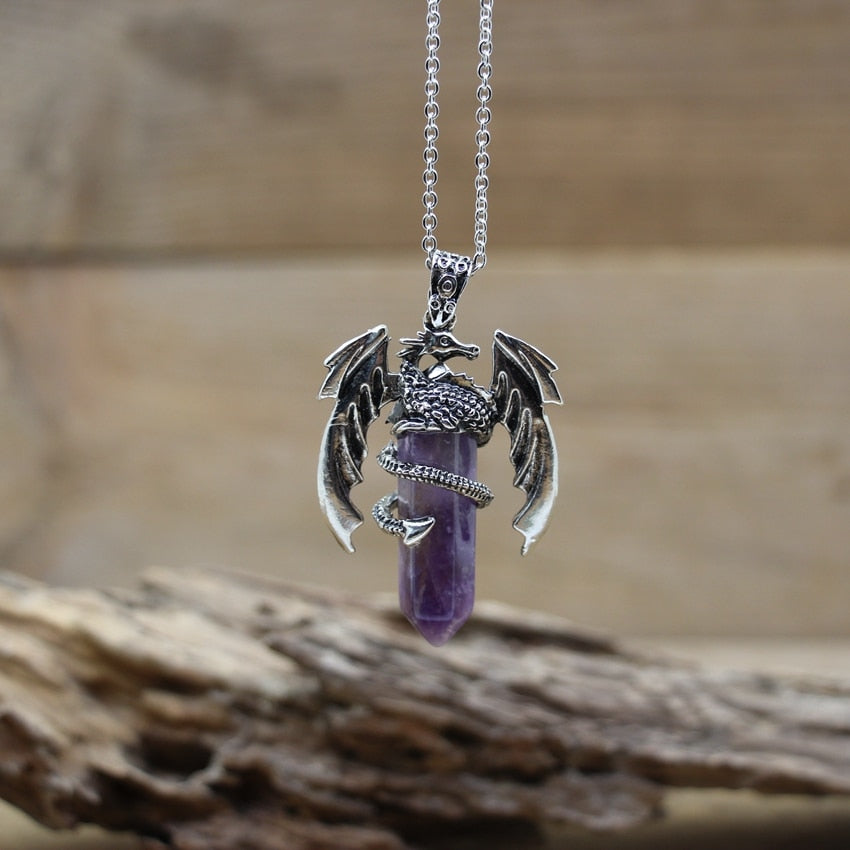 Quartz Dragon Man Necklace Gem Stone Healing Crystal Hexagonal Pendant Lapis Amethysts Animal Vintage Jewelry for Women